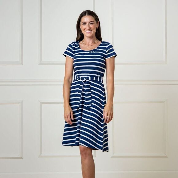 Hope & Henry Navy White Stripe Organic Tie-Waist Knit Dress‎ Size 8 - Picture 1 of 8